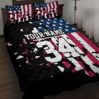 Personalized Dirt Bike Racing Quilt Bed Set Shattered American Flag and Race Checkered Patch Graphic in Red White and Blue - Wonder Print Shop