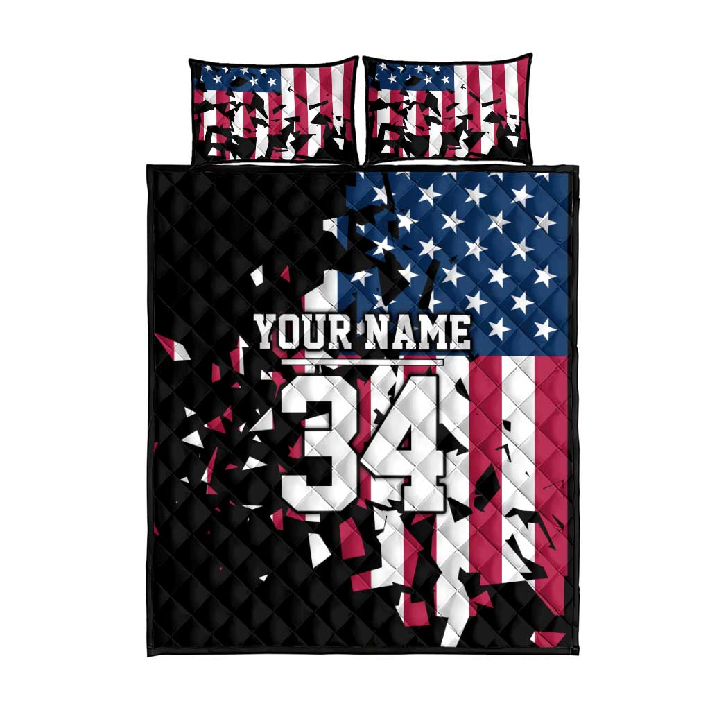 Personalized Dirt Bike Racing Quilt Bed Set Shattered American Flag and Race Checkered Patch Graphic in Red White and Blue - Wonder Print Shop