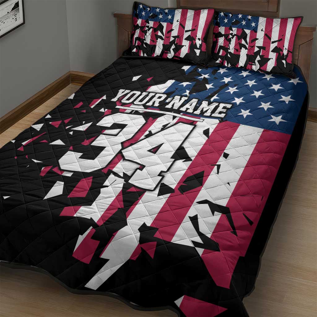 Personalized Dirt Bike Racing Quilt Bed Set Shattered American Flag and Race Checkered Patch Graphic in Red White and Blue - Wonder Print Shop