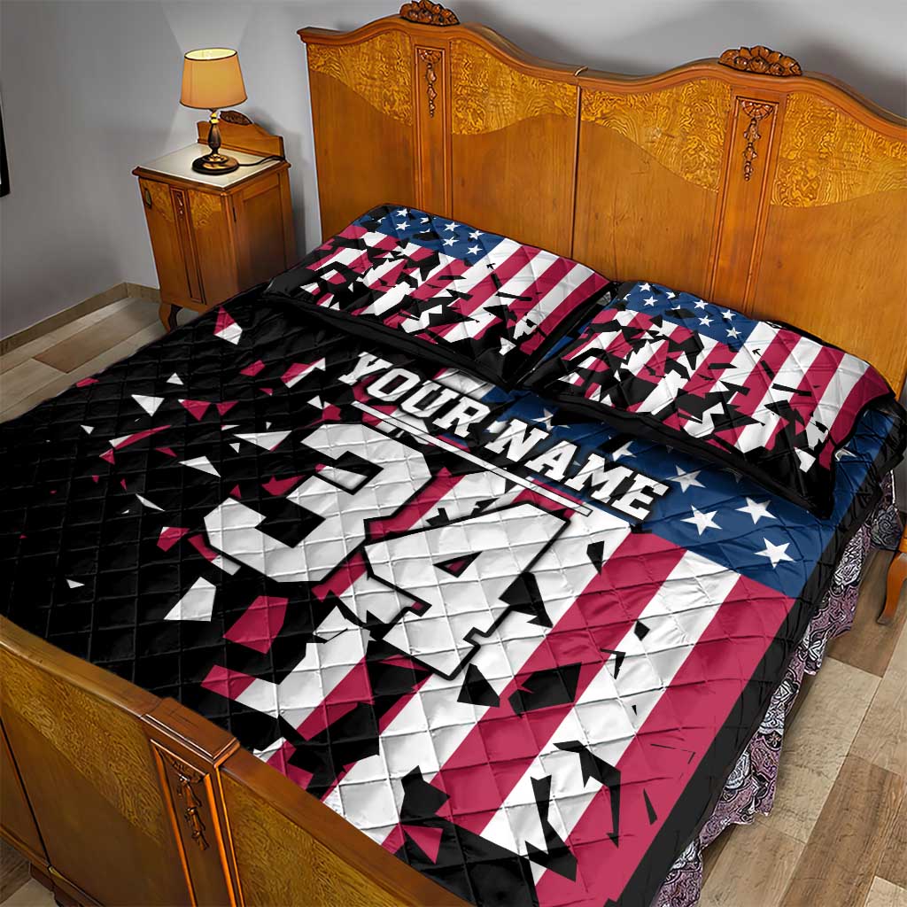 Personalized Dirt Bike Racing Quilt Bed Set Shattered American Flag and Race Checkered Patch Graphic in Red White and Blue - Wonder Print Shop