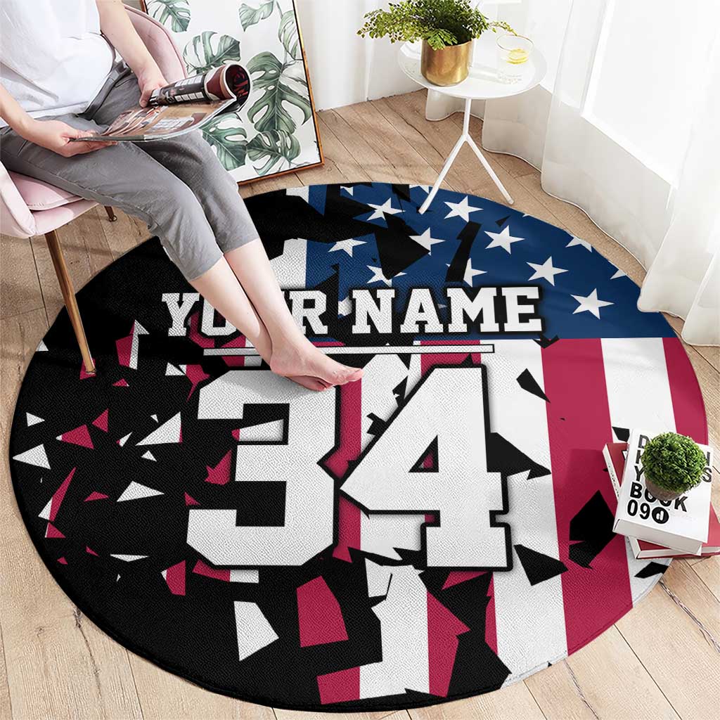 Personalized Dirt Bike Racing Round Carpet Shattered American Flag and Race Checkered Patch Graphic in Red White and Blue - Wonder Print Shop