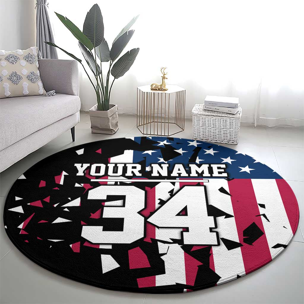 Personalized Dirt Bike Racing Round Carpet Shattered American Flag and Race Checkered Patch Graphic in Red White and Blue - Wonder Print Shop
