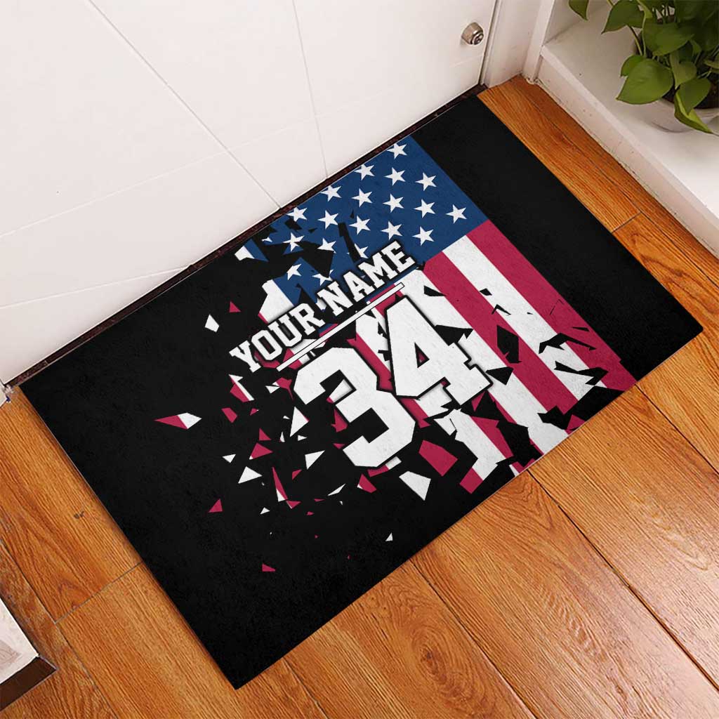 Personalized Dirt Bike Racing Rubber Doormat Shattered American Flag and Race Checkered Patch Graphic in Red White and Blue - Wonder Print Shop