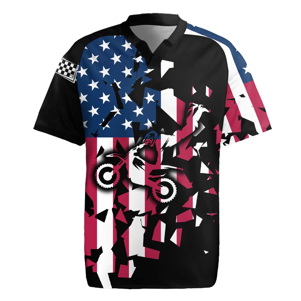 Personalized Dirt Bike Racing Rugby Jersey Shattered American Flag and Race Checkered Patch Graphic in Red White and Blue - Wonder Print Shop
