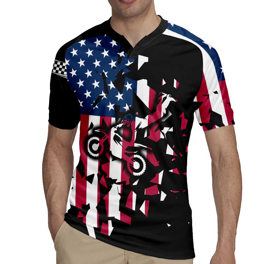 Personalized Dirt Bike Racing Rugby Jersey Shattered American Flag and Race Checkered Patch Graphic in Red White and Blue - Wonder Print Shop