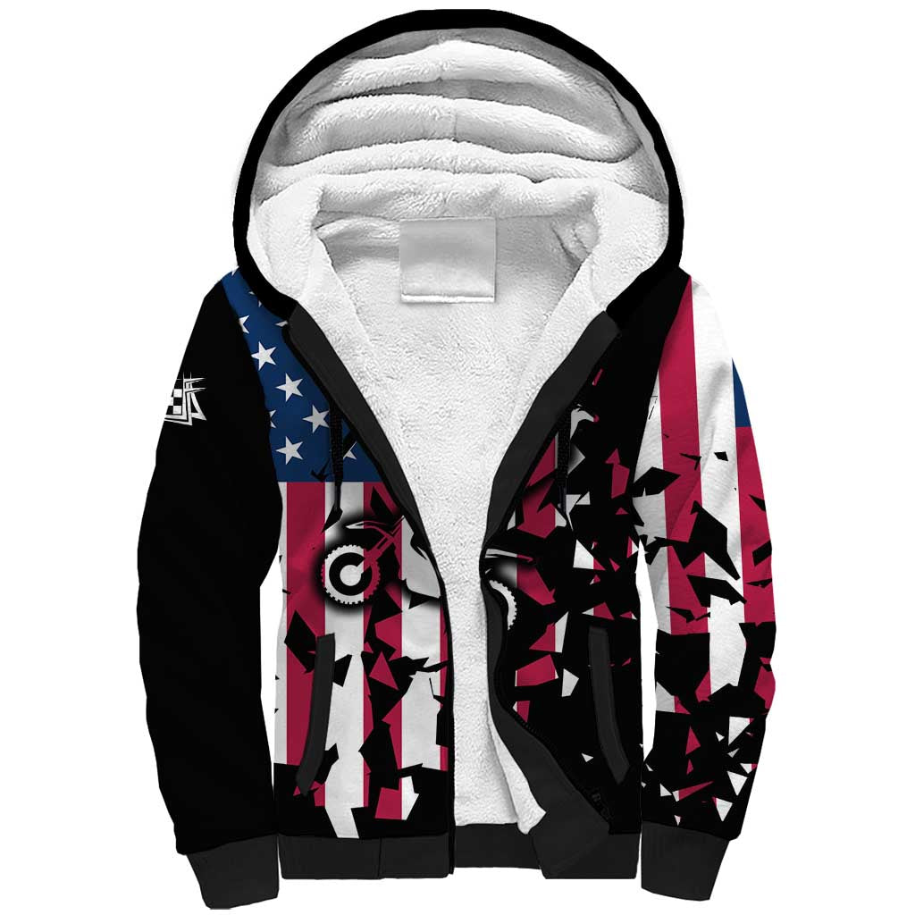 Personalized Dirt Bike Racing Sherpa Hoodie Shattered American Flag and Race Checkered Patch Graphic in Red White and Blue - Wonder Print Shop