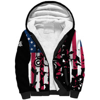 Personalized Dirt Bike Racing Sherpa Hoodie Shattered American Flag and Race Checkered Patch Graphic in Red White and Blue - Wonder Print Shop