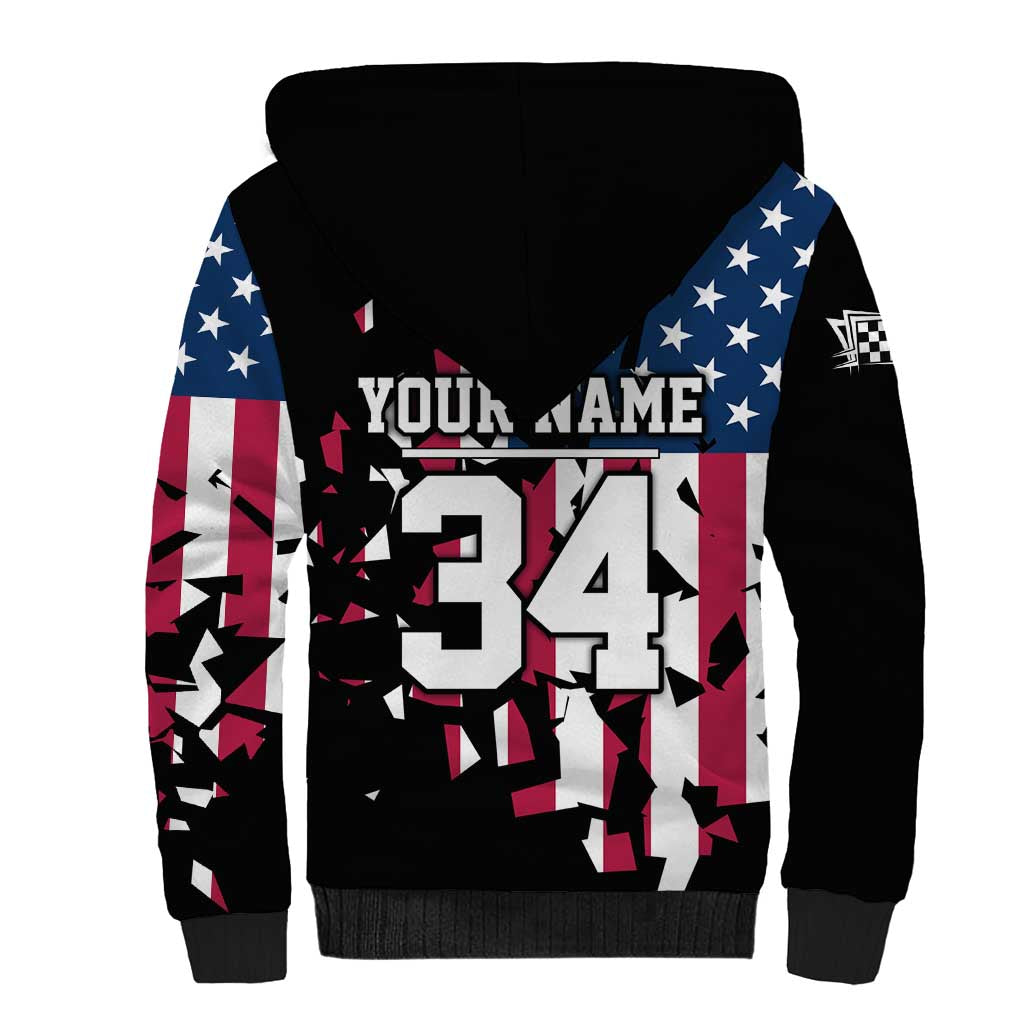 Personalized Dirt Bike Racing Sherpa Hoodie Shattered American Flag and Race Checkered Patch Graphic in Red White and Blue - Wonder Print Shop