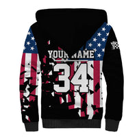 Personalized Dirt Bike Racing Sherpa Hoodie Shattered American Flag and Race Checkered Patch Graphic in Red White and Blue - Wonder Print Shop