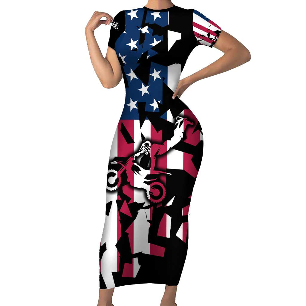 Personalized Dirt Bike Racing Short Sleeve Bodycon Dress Shattered American Flag and Race Checkered Patch Graphic in Red White and Blue - Wonder Print Shop