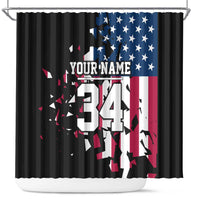 Personalized Dirt Bike Racing Shower Curtain Shattered American Flag and Race Checkered Patch Graphic in Red White and Blue - Wonder Print Shop