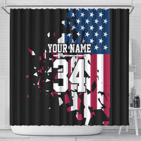 Personalized Dirt Bike Racing Shower Curtain Shattered American Flag and Race Checkered Patch Graphic in Red White and Blue - Wonder Print Shop