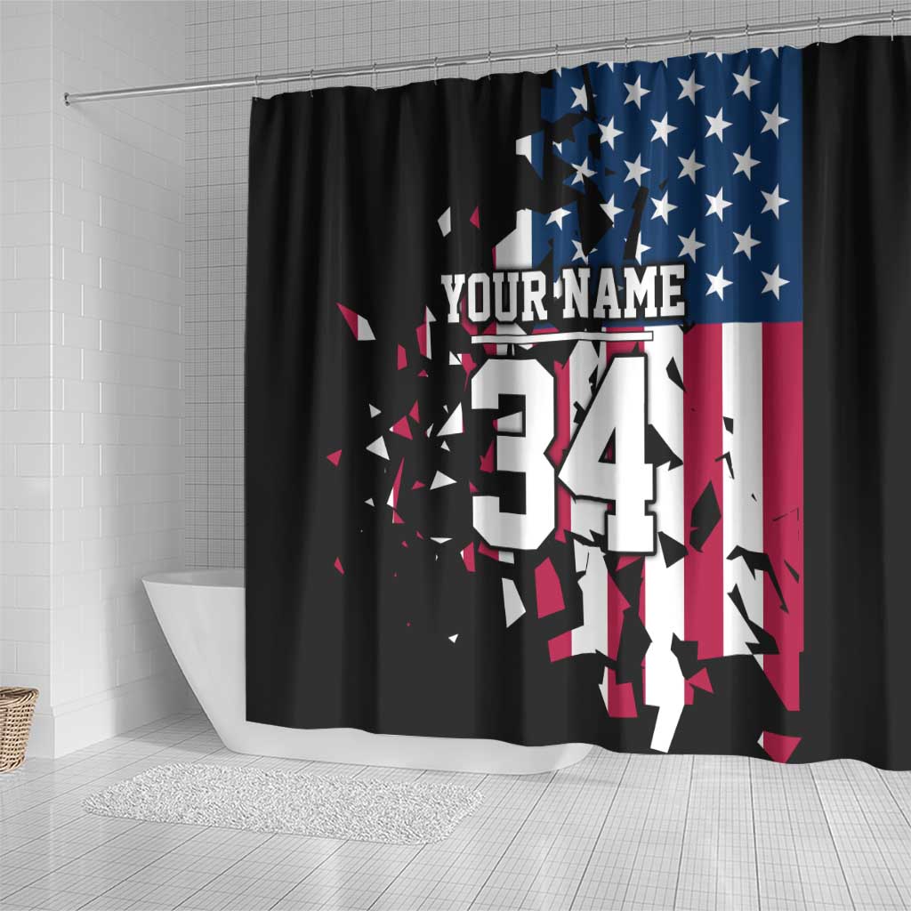 Personalized Dirt Bike Racing Shower Curtain Shattered American Flag and Race Checkered Patch Graphic in Red White and Blue - Wonder Print Shop
