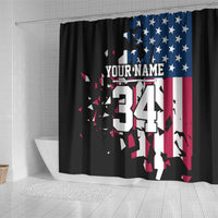 Personalized Dirt Bike Racing Shower Curtain Shattered American Flag and Race Checkered Patch Graphic in Red White and Blue - Wonder Print Shop
