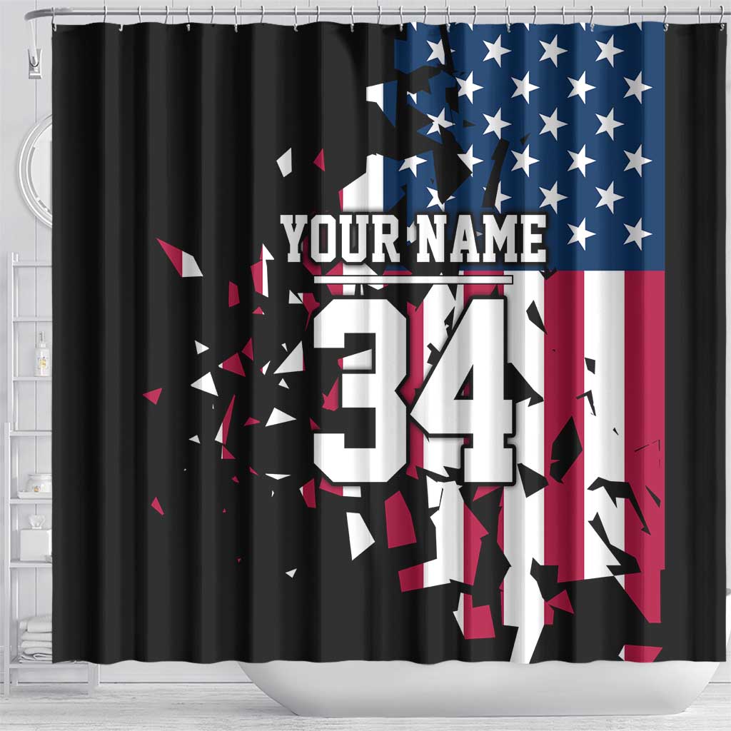 Personalized Dirt Bike Racing Shower Curtain Shattered American Flag and Race Checkered Patch Graphic in Red White and Blue - Wonder Print Shop