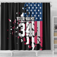 Personalized Dirt Bike Racing Shower Curtain Shattered American Flag and Race Checkered Patch Graphic in Red White and Blue - Wonder Print Shop