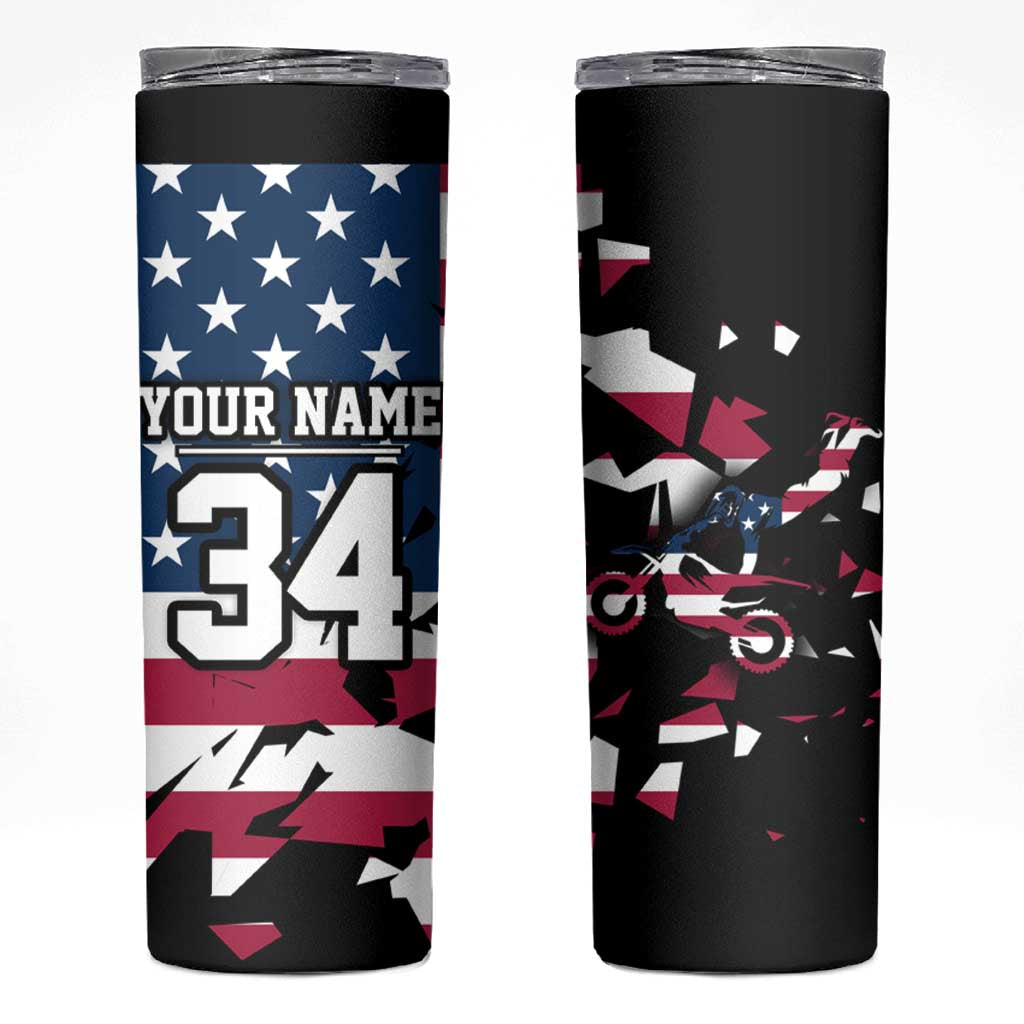 Personalized Dirt Bike Racing Skinny Tumbler Shattered American Flag and Race Checkered Patch Graphic in Red White and Blue - Wonder Print Shop