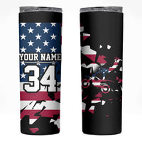 Personalized Dirt Bike Racing Skinny Tumbler Shattered American Flag and Race Checkered Patch Graphic in Red White and Blue - Wonder Print Shop