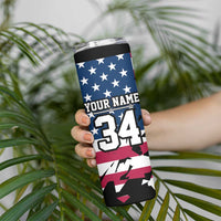 Personalized Dirt Bike Racing Skinny Tumbler Shattered American Flag and Race Checkered Patch Graphic in Red White and Blue - Wonder Print Shop