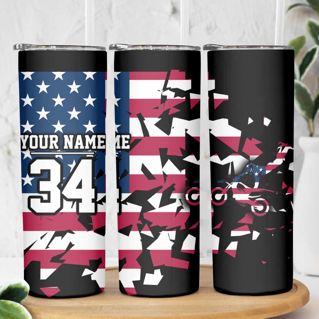 Personalized Dirt Bike Racing Skinny Tumbler Shattered American Flag and Race Checkered Patch Graphic in Red White and Blue - Wonder Print Shop