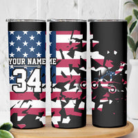Personalized Dirt Bike Racing Skinny Tumbler Shattered American Flag and Race Checkered Patch Graphic in Red White and Blue - Wonder Print Shop