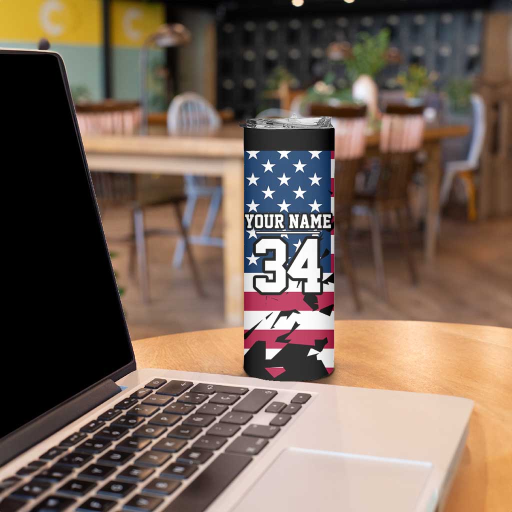 Personalized Dirt Bike Racing Skinny Tumbler Shattered American Flag and Race Checkered Patch Graphic in Red White and Blue - Wonder Print Shop