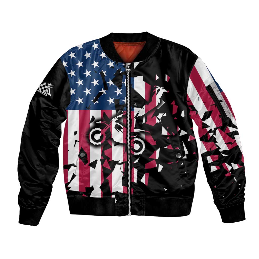 Personalized Dirt Bike Racing Sleeve Zip Bomber Jacket Shattered American Flag and Race Checkered Patch Graphic in Red White and Blue - Wonder Print Shop