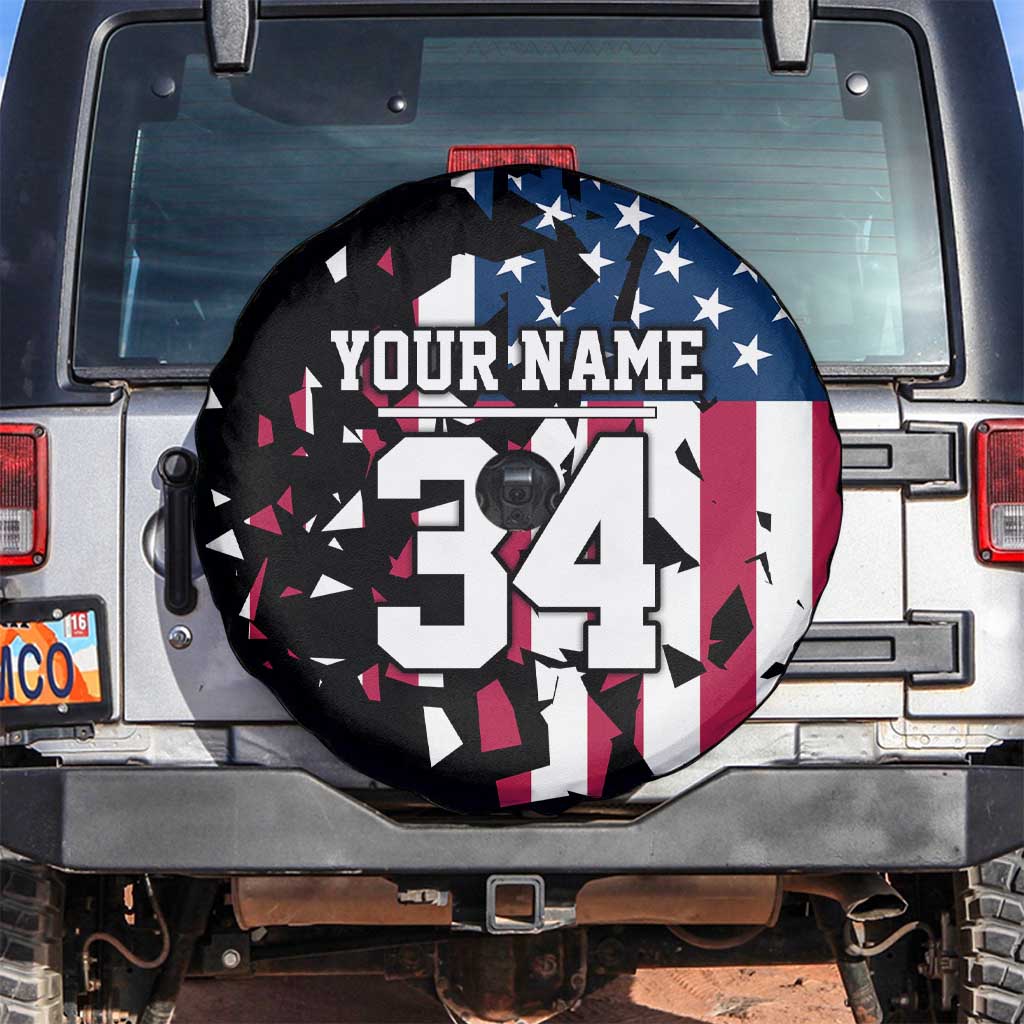 Personalized Dirt Bike Racing Spare Tire Cover Shattered American Flag and Race Checkered Patch Graphic in Red White and Blue - Wonder Print Shop