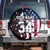 Personalized Dirt Bike Racing Spare Tire Cover Shattered American Flag and Race Checkered Patch Graphic in Red White and Blue - Wonder Print Shop