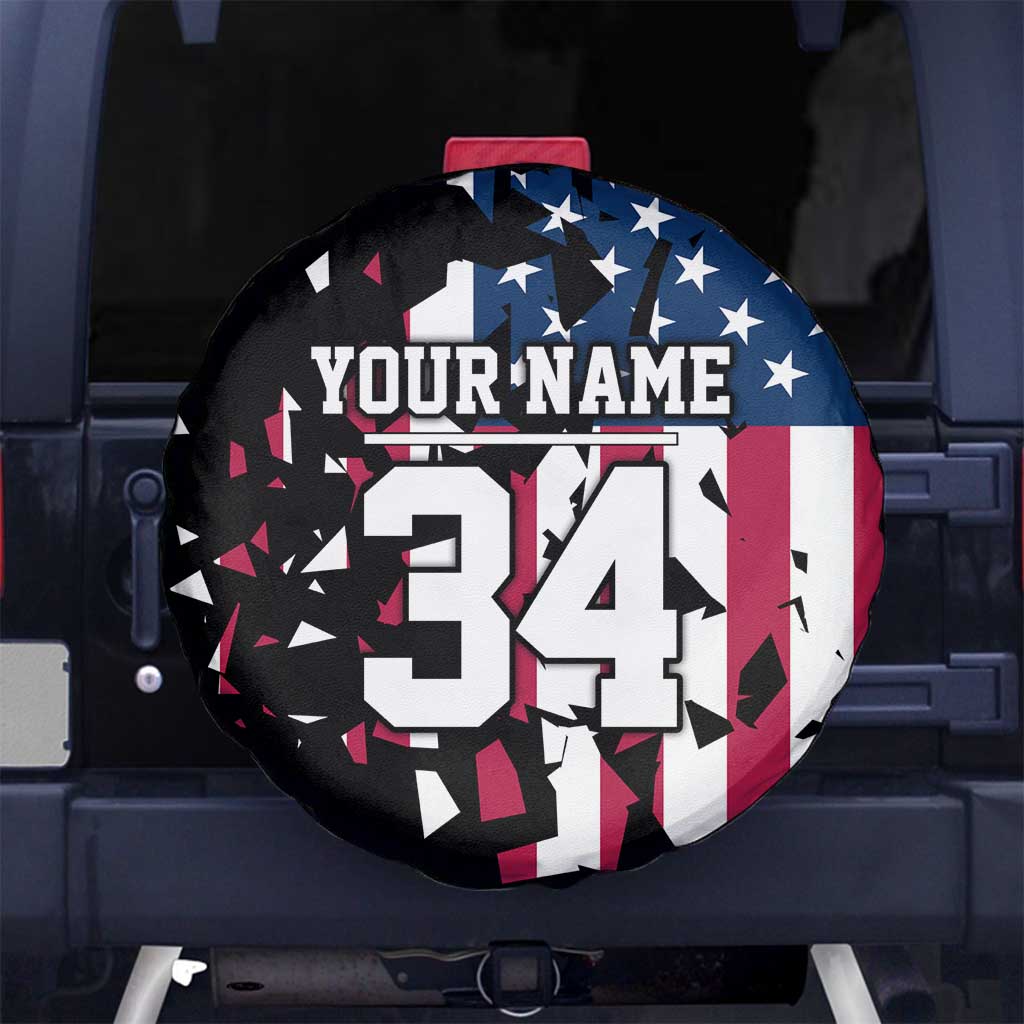 Personalized Dirt Bike Racing Spare Tire Cover Shattered American Flag and Race Checkered Patch Graphic in Red White and Blue - Wonder Print Shop