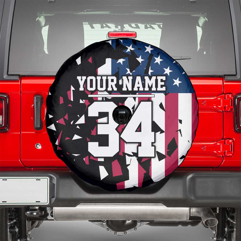 Personalized Dirt Bike Racing Spare Tire Cover Shattered American Flag and Race Checkered Patch Graphic in Red White and Blue - Wonder Print Shop