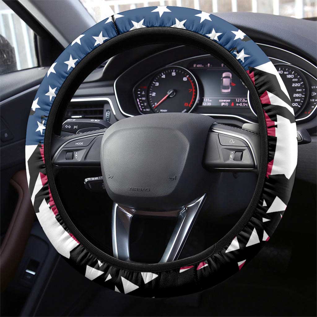 Dirt Bike Racing Steering Wheel Cover Shattered American Flag and Race Checkered Patch Graphic in Red White and Blue - Wonder Print Shop
