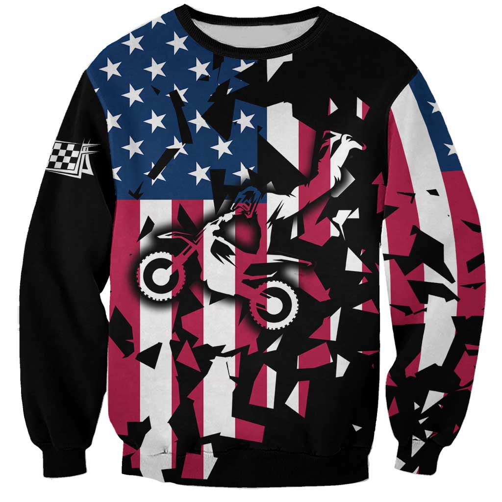 Personalized Dirt Bike Racing Sweatshirt Shattered American Flag and Race Checkered Patch Graphic in Red White and Blue - Wonder Print Shop