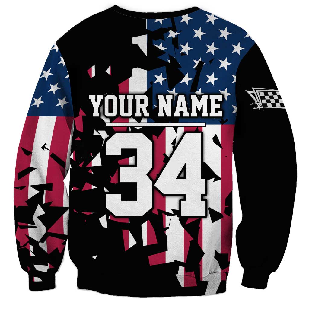Personalized Dirt Bike Racing Sweatshirt Shattered American Flag and Race Checkered Patch Graphic in Red White and Blue - Wonder Print Shop