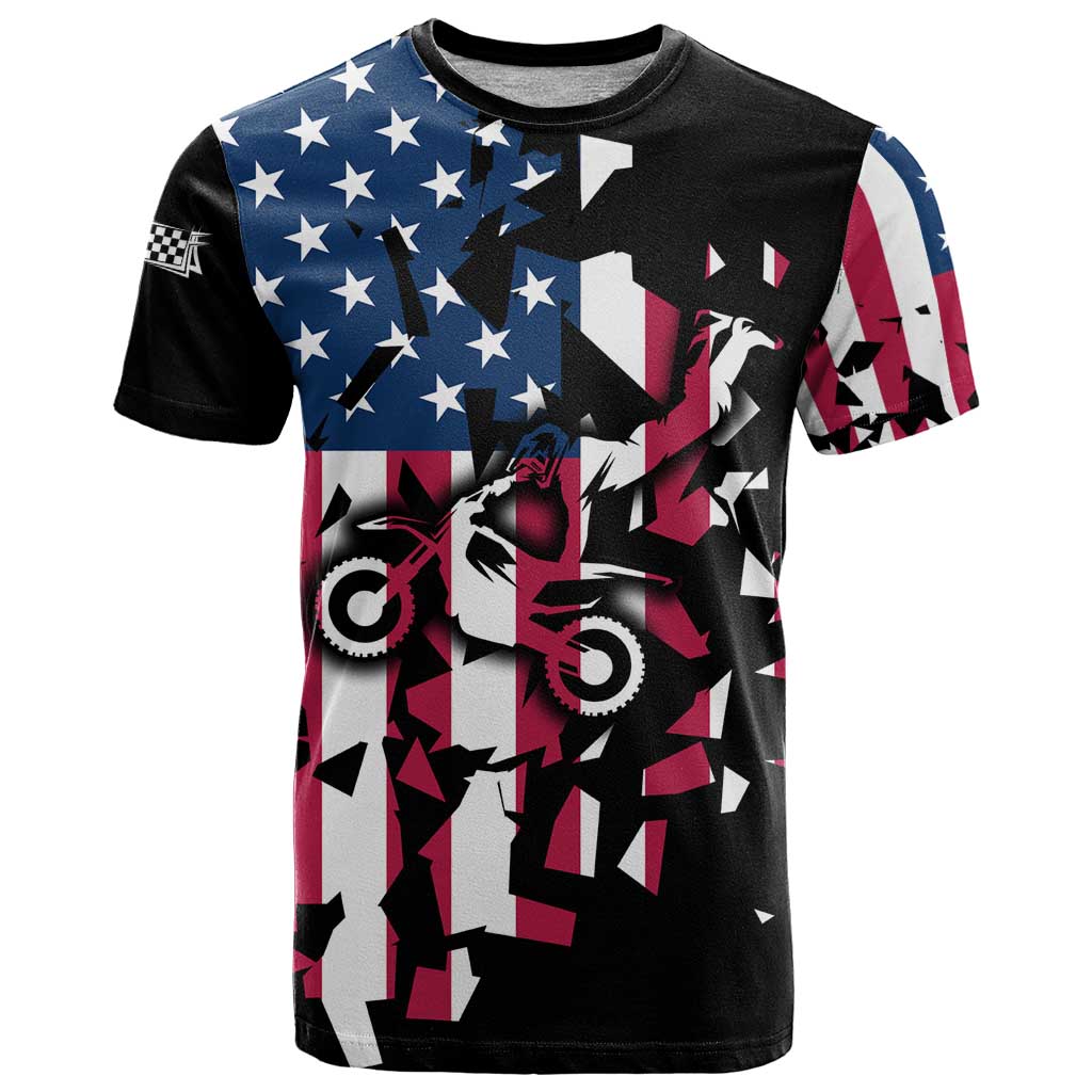 Personalized Dirt Bike Racing T Shirt Shattered American Flag and Race Checkered Patch Graphic in Red White and Blue - Wonder Print Shop