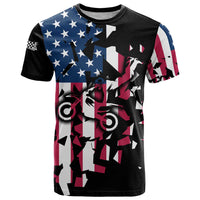 Personalized Dirt Bike Racing T Shirt Shattered American Flag and Race Checkered Patch Graphic in Red White and Blue - Wonder Print Shop
