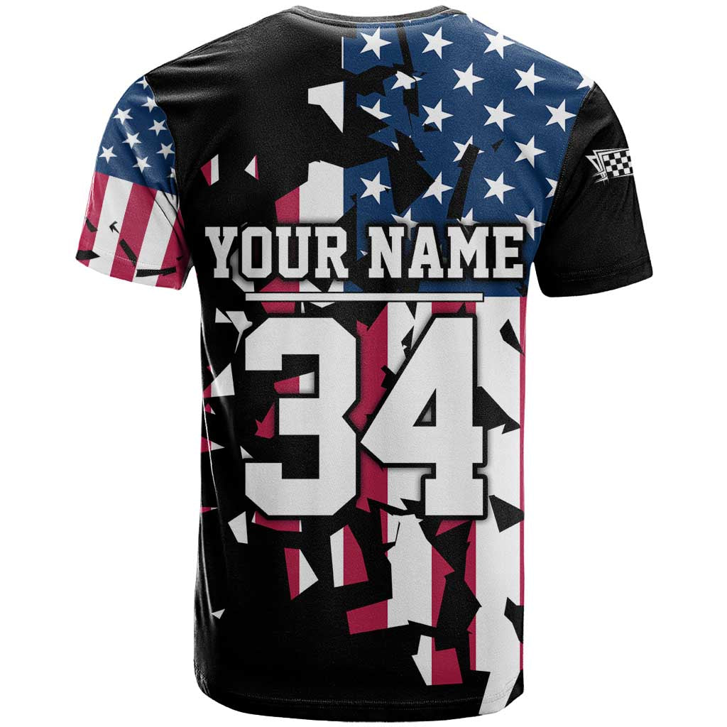 Personalized Dirt Bike Racing T Shirt Shattered American Flag and Race Checkered Patch Graphic in Red White and Blue - Wonder Print Shop