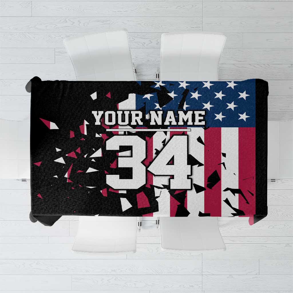Personalized Dirt Bike Racing Tablecloth Shattered American Flag and Race Checkered Patch Graphic in Red White and Blue - Wonder Print Shop