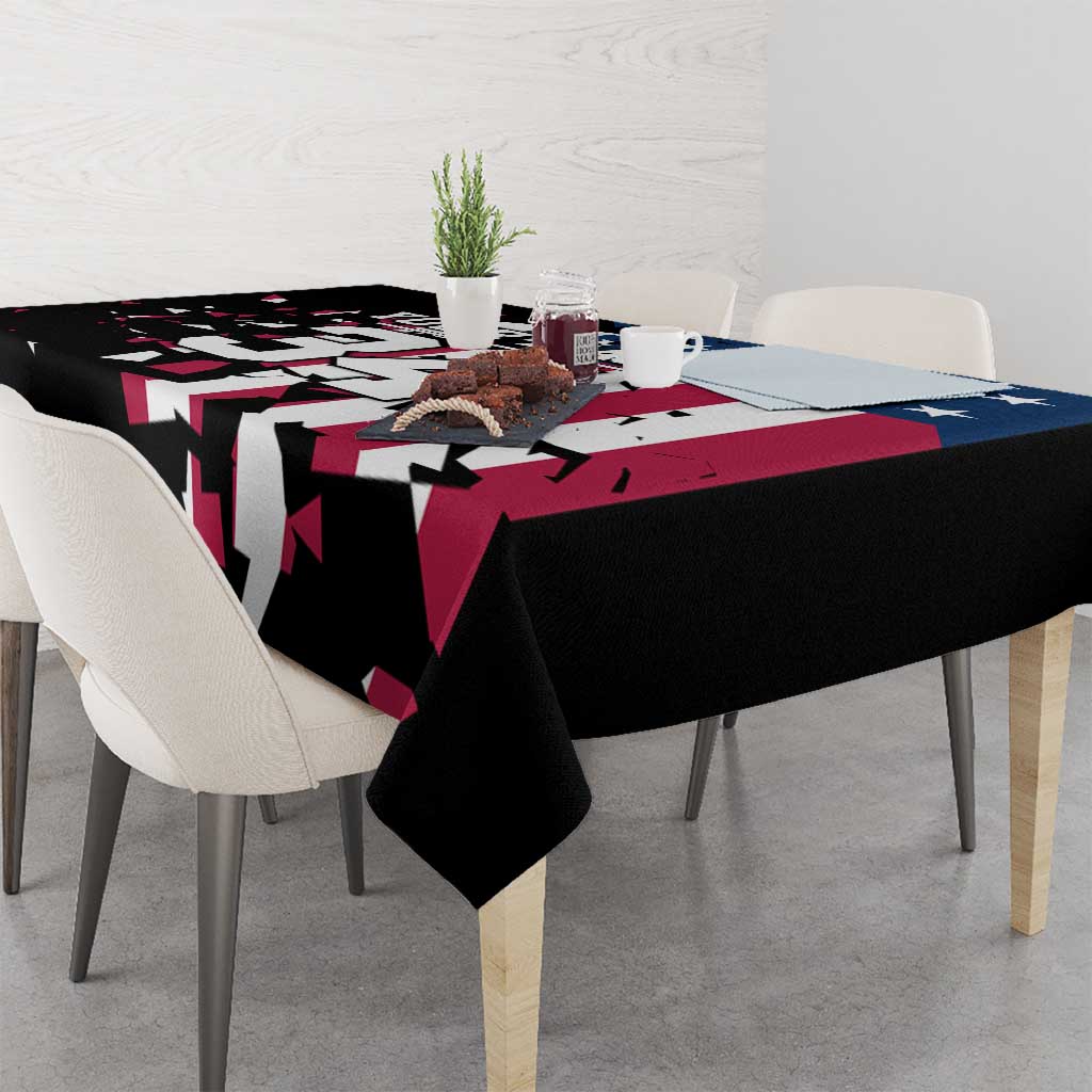 Personalized Dirt Bike Racing Tablecloth Shattered American Flag and Race Checkered Patch Graphic in Red White and Blue - Wonder Print Shop