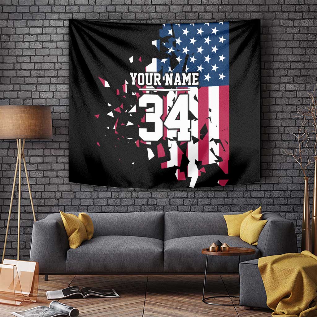 Personalized Dirt Bike Racing Tapestry Shattered American Flag and Race Checkered Patch Graphic in Red White and Blue - Wonder Print Shop