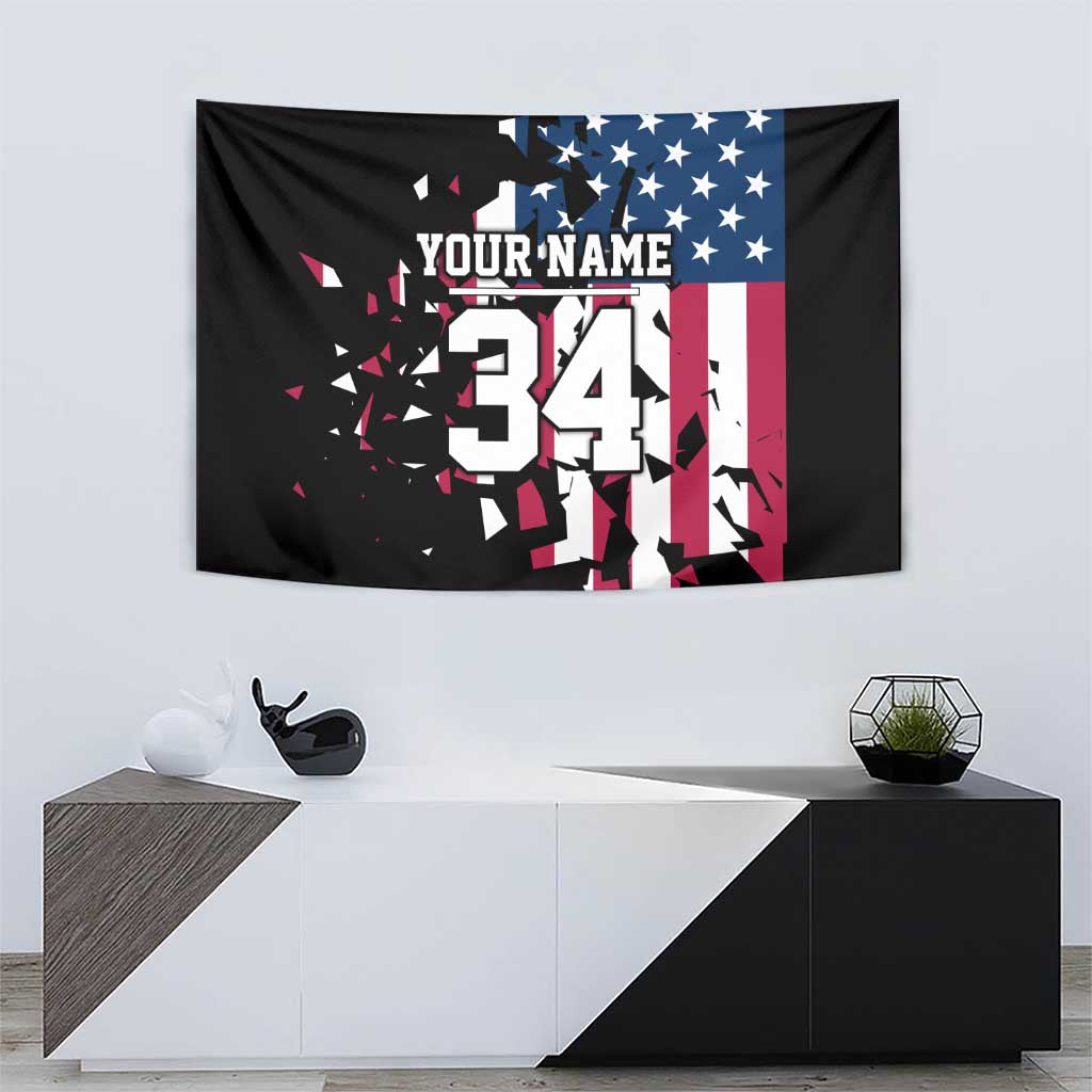 Personalized Dirt Bike Racing Tapestry Shattered American Flag and Race Checkered Patch Graphic in Red White and Blue - Wonder Print Shop