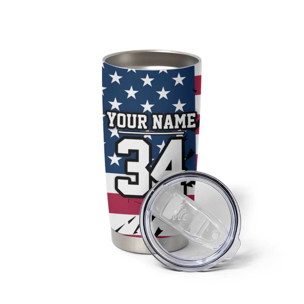 Personalized Dirt Bike Racing Tumbler Cup Shattered American Flag and Race Checkered Patch Graphic in Red White and Blue - Wonder Print Shop