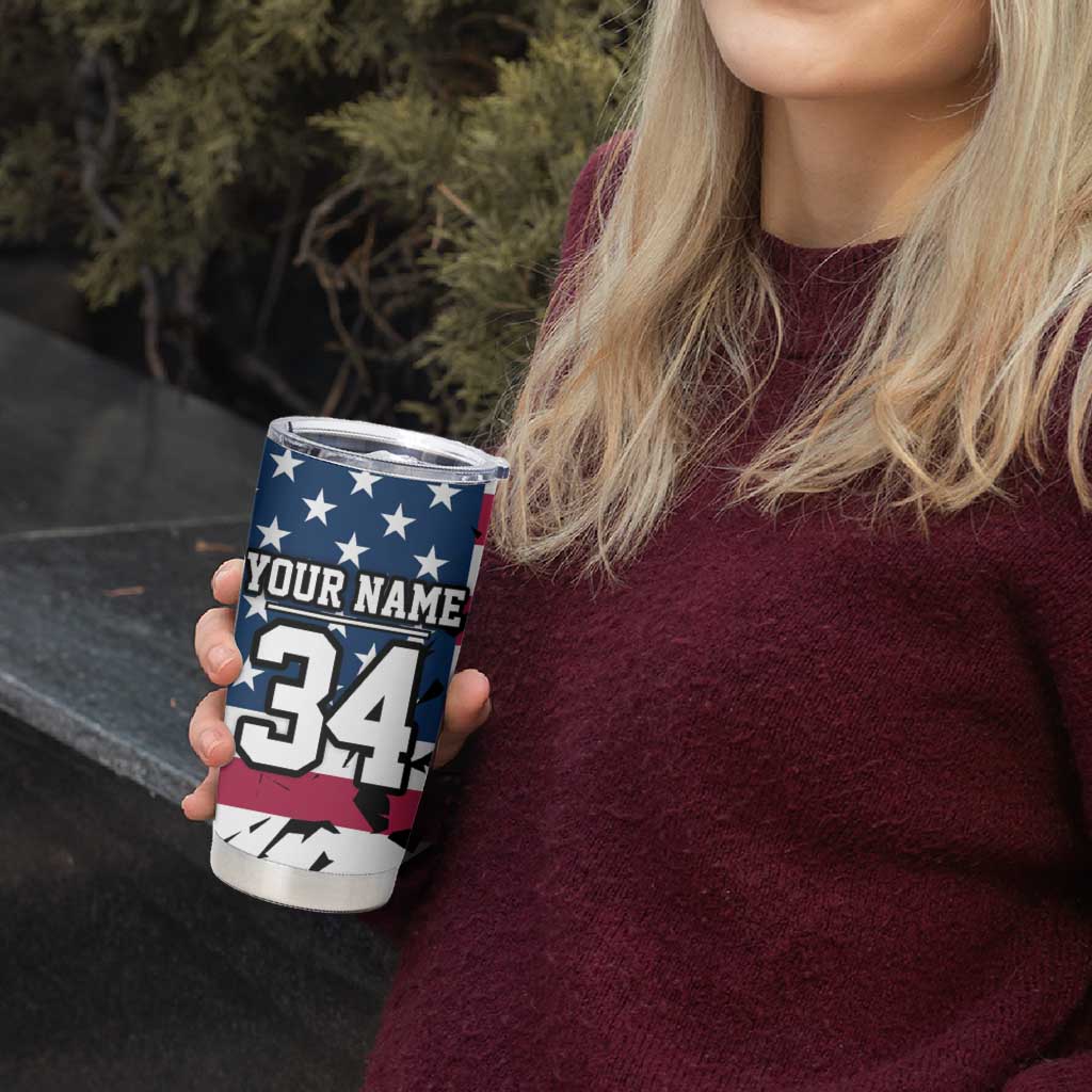 Personalized Dirt Bike Racing Tumbler Cup Shattered American Flag and Race Checkered Patch Graphic in Red White and Blue - Wonder Print Shop