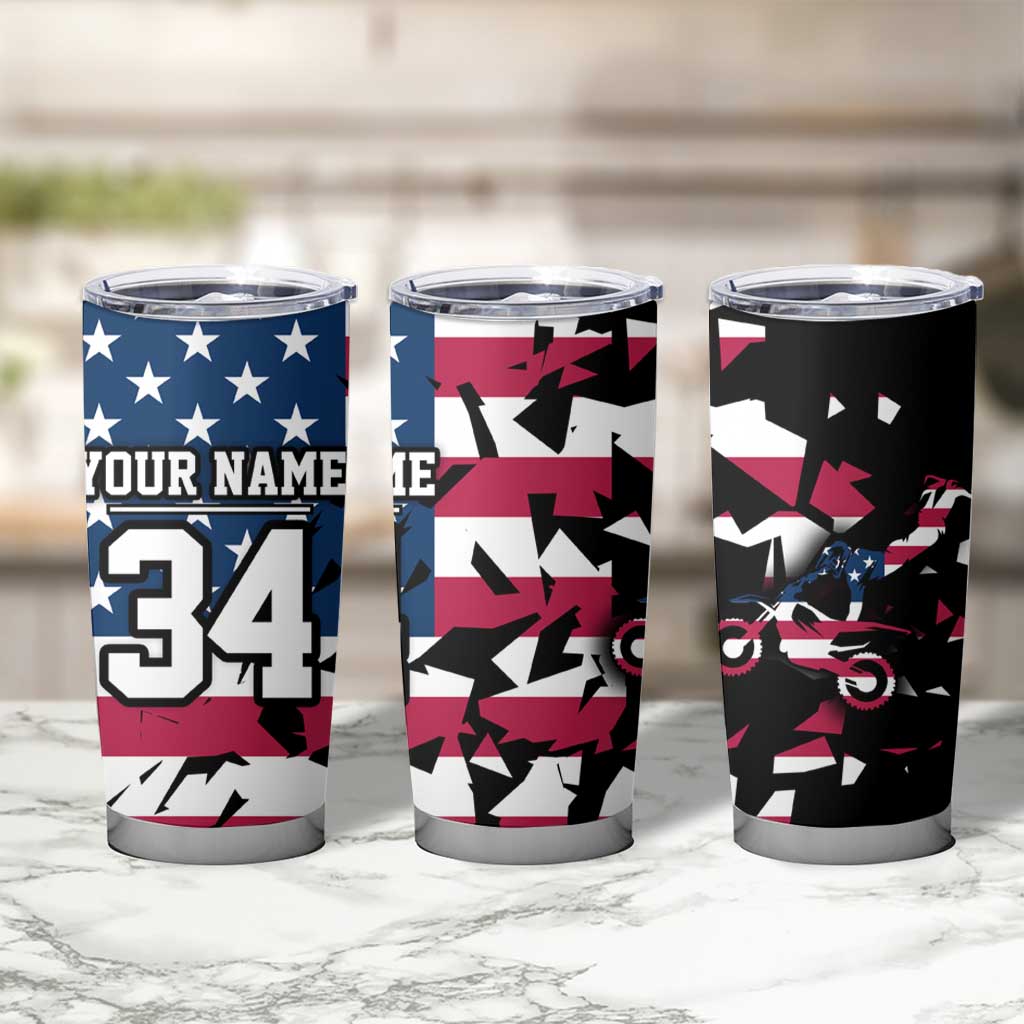 Personalized Dirt Bike Racing Tumbler Cup Shattered American Flag and Race Checkered Patch Graphic in Red White and Blue - Wonder Print Shop
