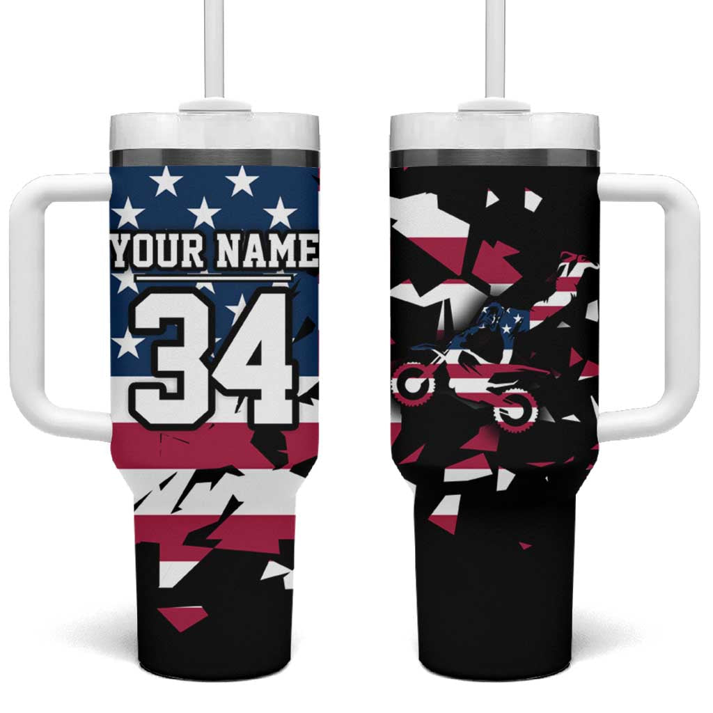 Personalized Dirt Bike Racing Tumbler With Handle Shattered American Flag and Race Checkered Patch Graphic in Red White and Blue - Wonder Print Shop