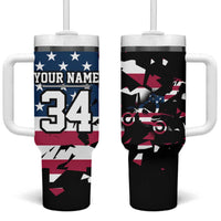 Personalized Dirt Bike Racing Tumbler With Handle Shattered American Flag and Race Checkered Patch Graphic in Red White and Blue - Wonder Print Shop