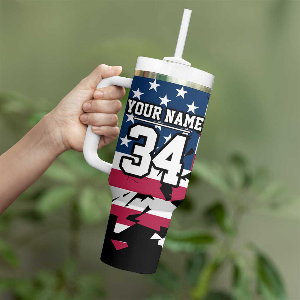 Personalized Dirt Bike Racing Tumbler With Handle Shattered American Flag and Race Checkered Patch Graphic in Red White and Blue - Wonder Print Shop