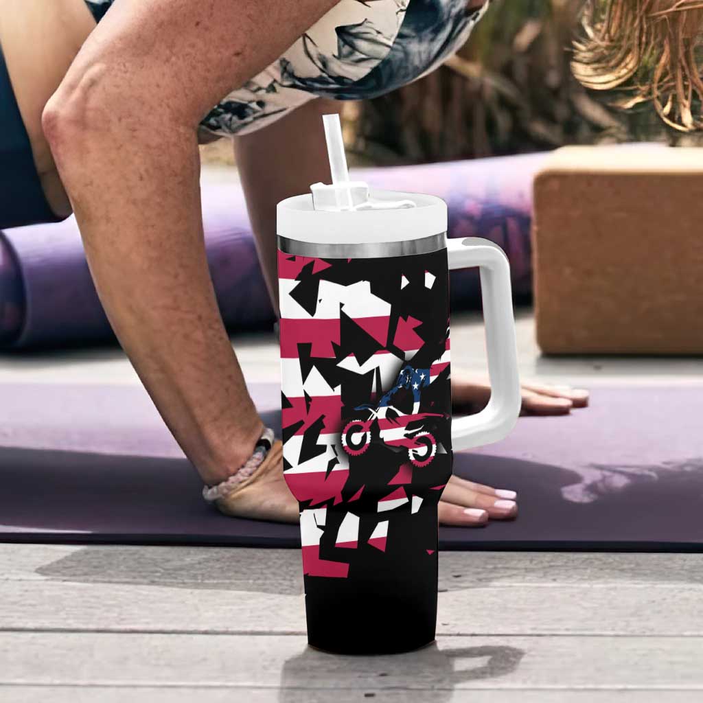 Personalized Dirt Bike Racing Tumbler With Handle Shattered American Flag and Race Checkered Patch Graphic in Red White and Blue - Wonder Print Shop