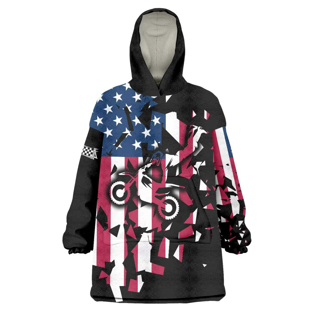 Personalized Dirt Bike Racing Wearable Blanket Hoodie Shattered American Flag and Race Checkered Patch Graphic in Red White and Blue - Wonder Print Shop