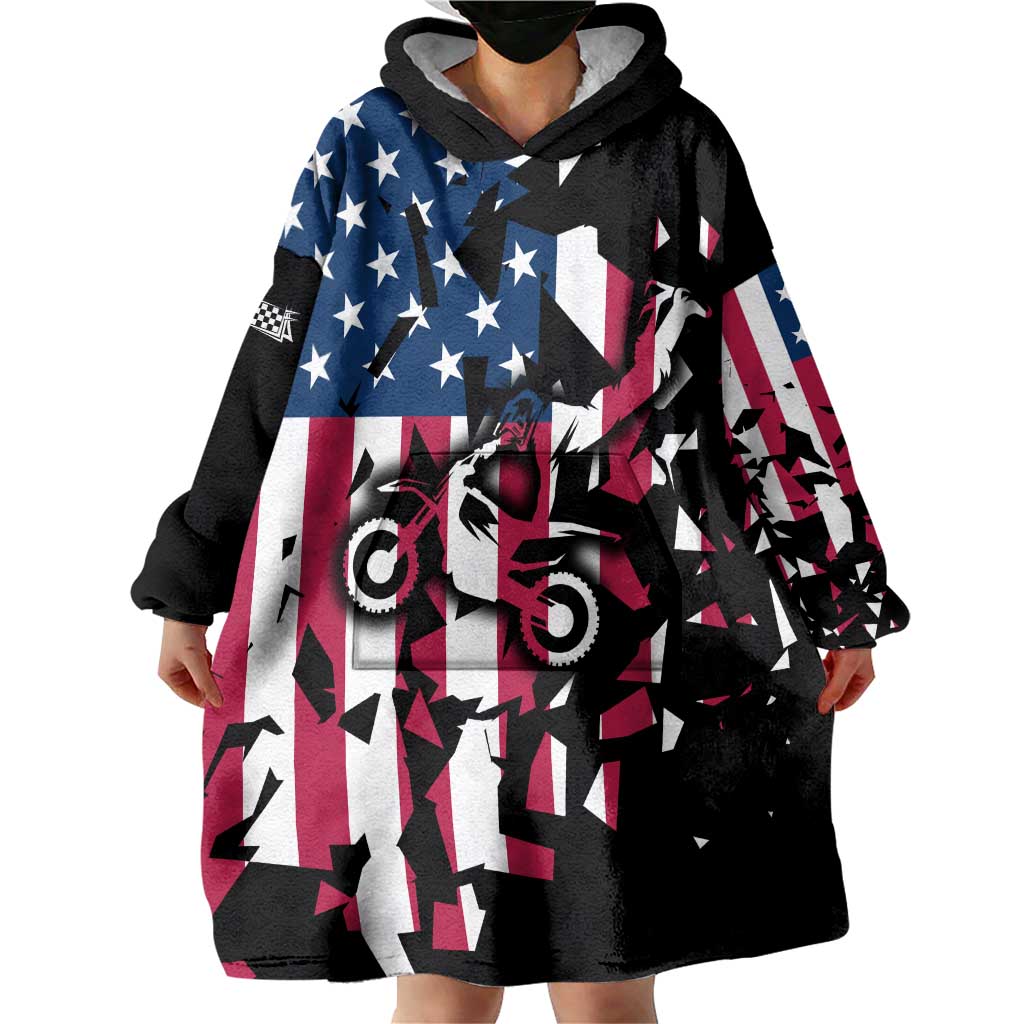 Personalized Dirt Bike Racing Wearable Blanket Hoodie Shattered American Flag and Race Checkered Patch Graphic in Red White and Blue - Wonder Print Shop